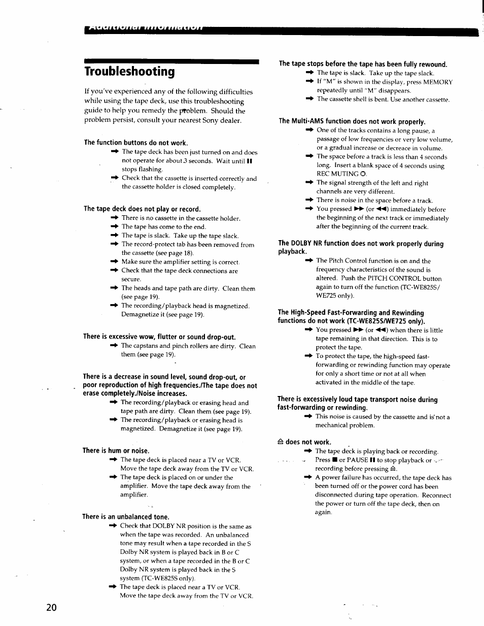 Troubleshooting | Sony TC-WE825S User Manual | Page 20 / 23