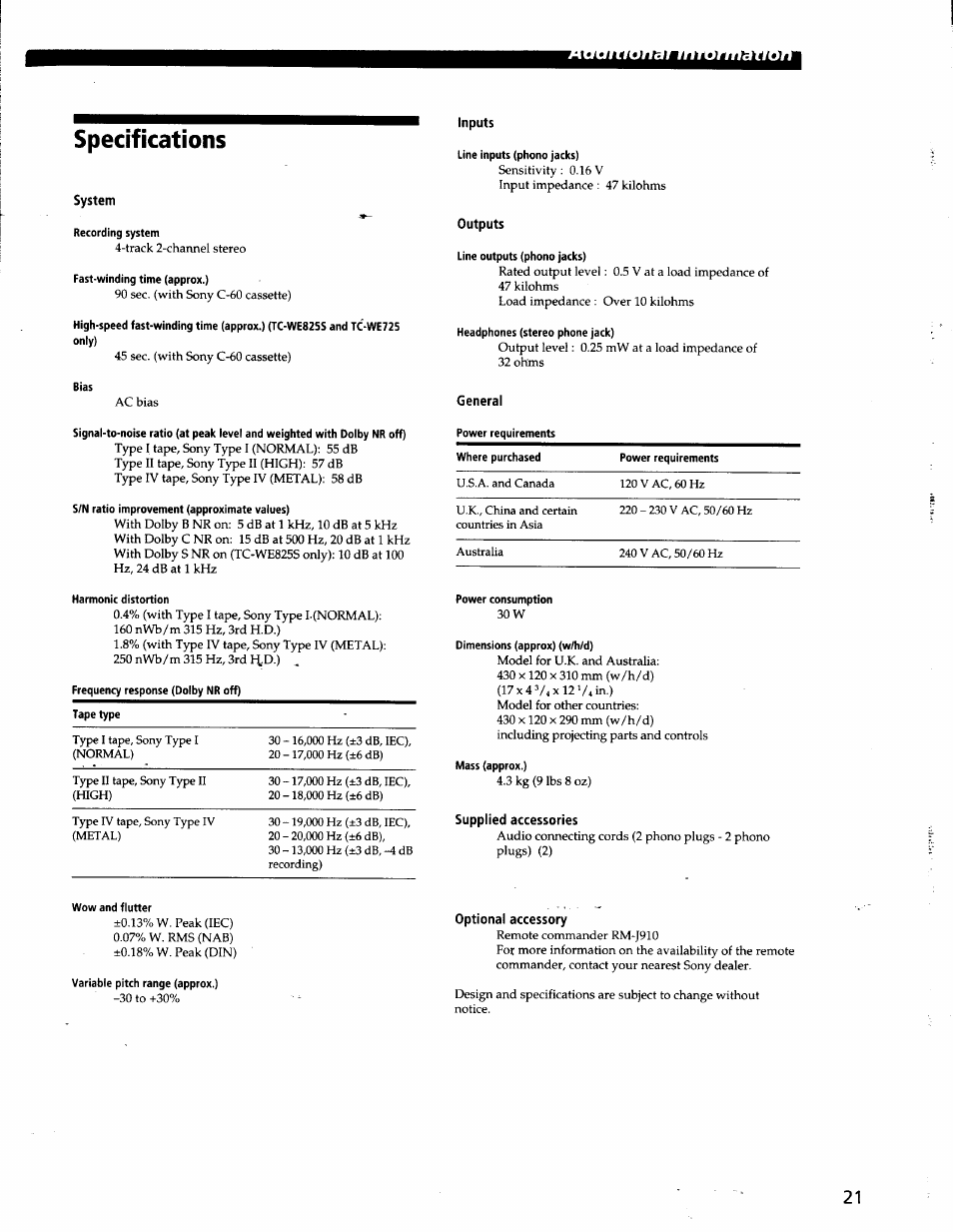 Specifications, System, Inputs | Outputs, General, Supplied accessories, Optional accessory | Sony TC-WE825S User Manual | Page 21 / 23