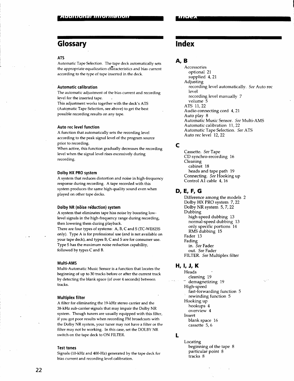 Glossary, Automatic calibration, Auto rec level function | Dolby hx pro system, Dolby nr (noise re'duction) system, Multi-ams, Multiplex filter, Test tones, A, b, D, e, f, g | Sony TC-WE825S User Manual | Page 22 / 23