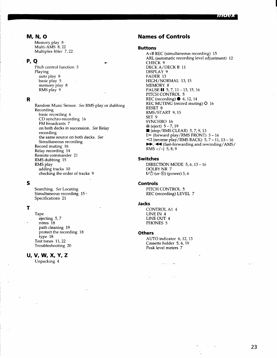 M, n, o, P, q, Names of controls | Buttons, Switches, Controls, Jacks, Others, U, v, w, x, y, z | Sony TC-WE825S User Manual | Page 23 / 23