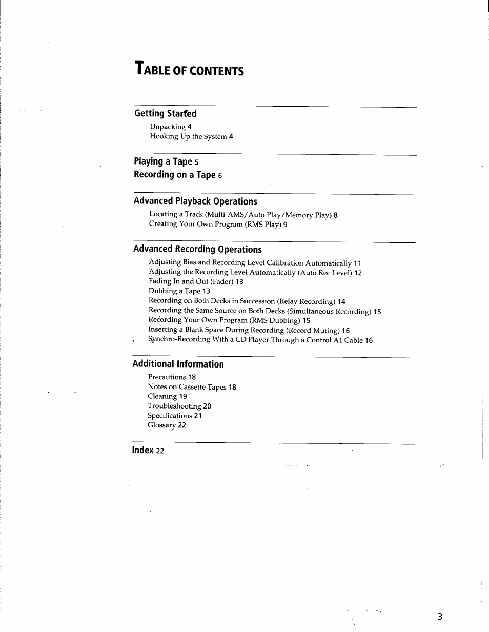 Getting started, Playing a tape 5 recording on a tape 6, Advanced playback operations | Advanced recording operations, Additional information, Index 22 | Sony TC-WE825S User Manual | Page 3 / 23