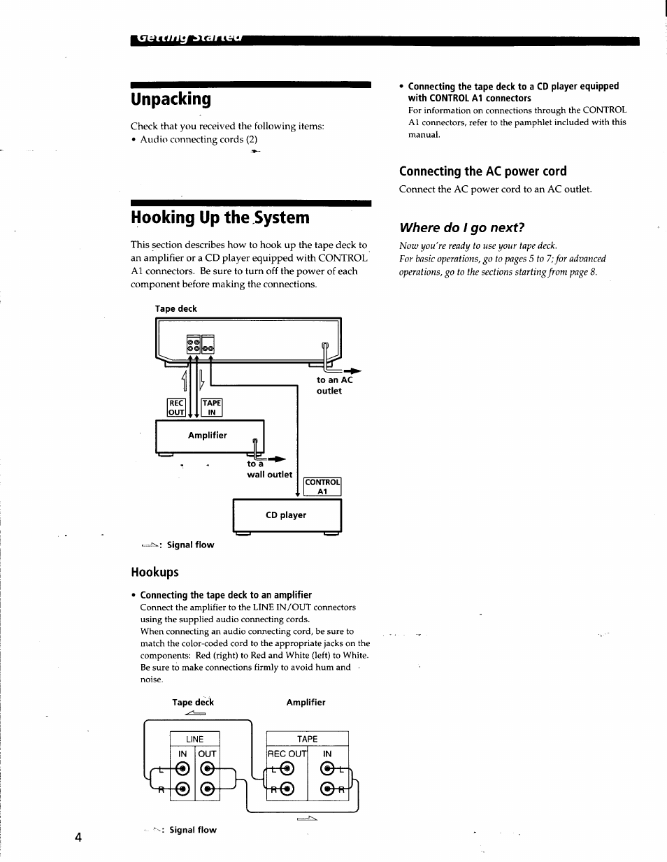 Unpacking, Hooking up the system, Connecting the ac power cord | Hookups, Connecting the tape deck to an amplifier, Where do i go next | Sony TC-WE825S User Manual | Page 4 / 23