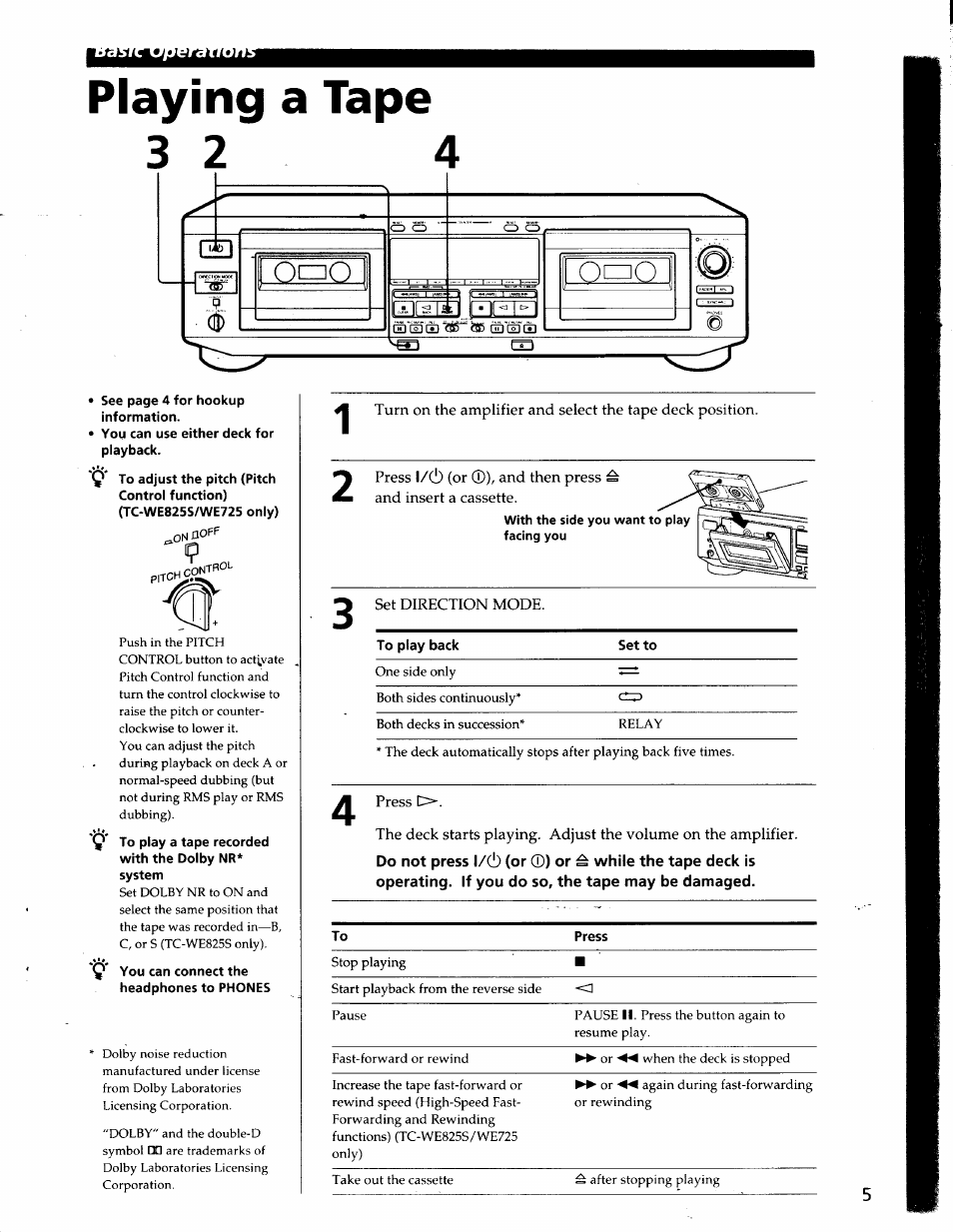 Playing a tape | Sony TC-WE825S User Manual | Page 5 / 23