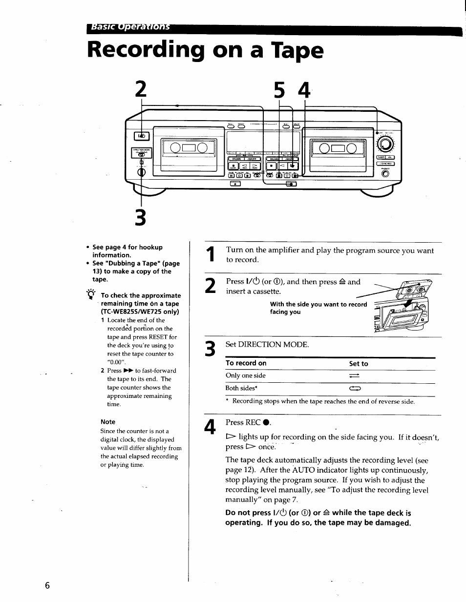 Recording on a tape | Sony TC-WE825S User Manual | Page 6 / 23