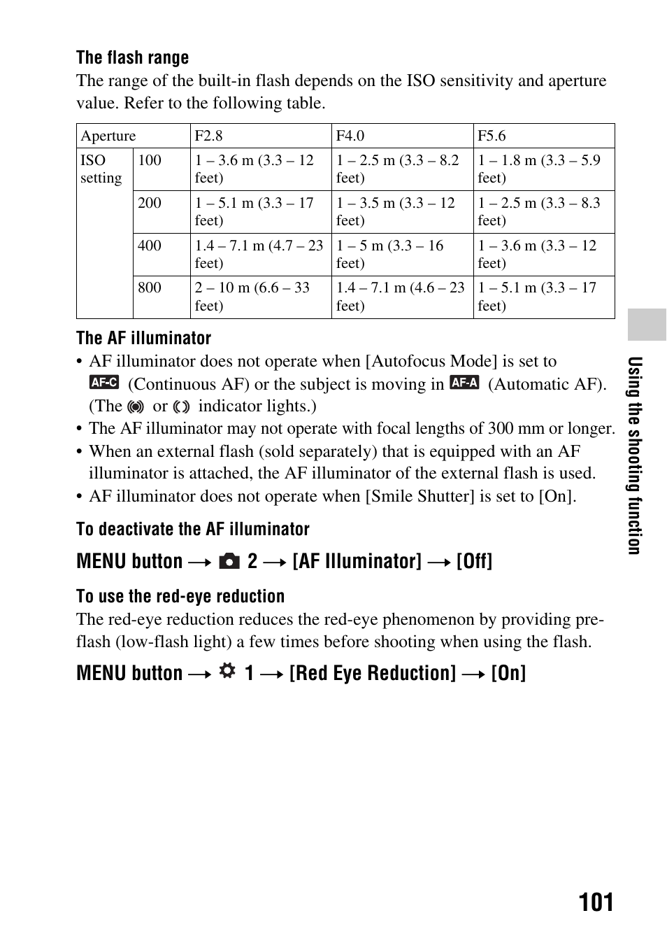 On (101), Menu button t 2 t [af illuminator] t [off, Menu button t 1 t [red eye reduction] t [on | Sony SLT-A35 User Manual | Page 101 / 202