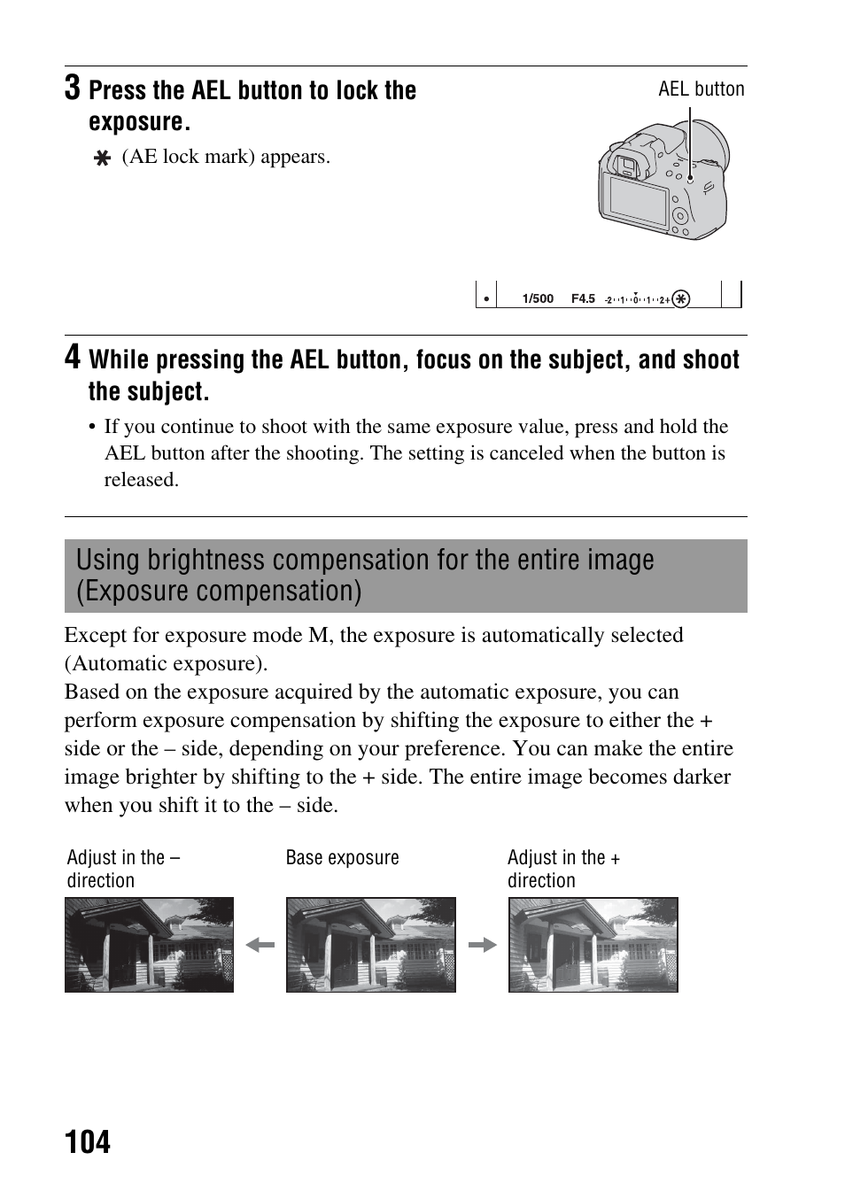 Using brightness compensation for the entire image, Exposure compensation), N (104) | E (104) | Sony SLT-A35 User Manual | Page 104 / 202