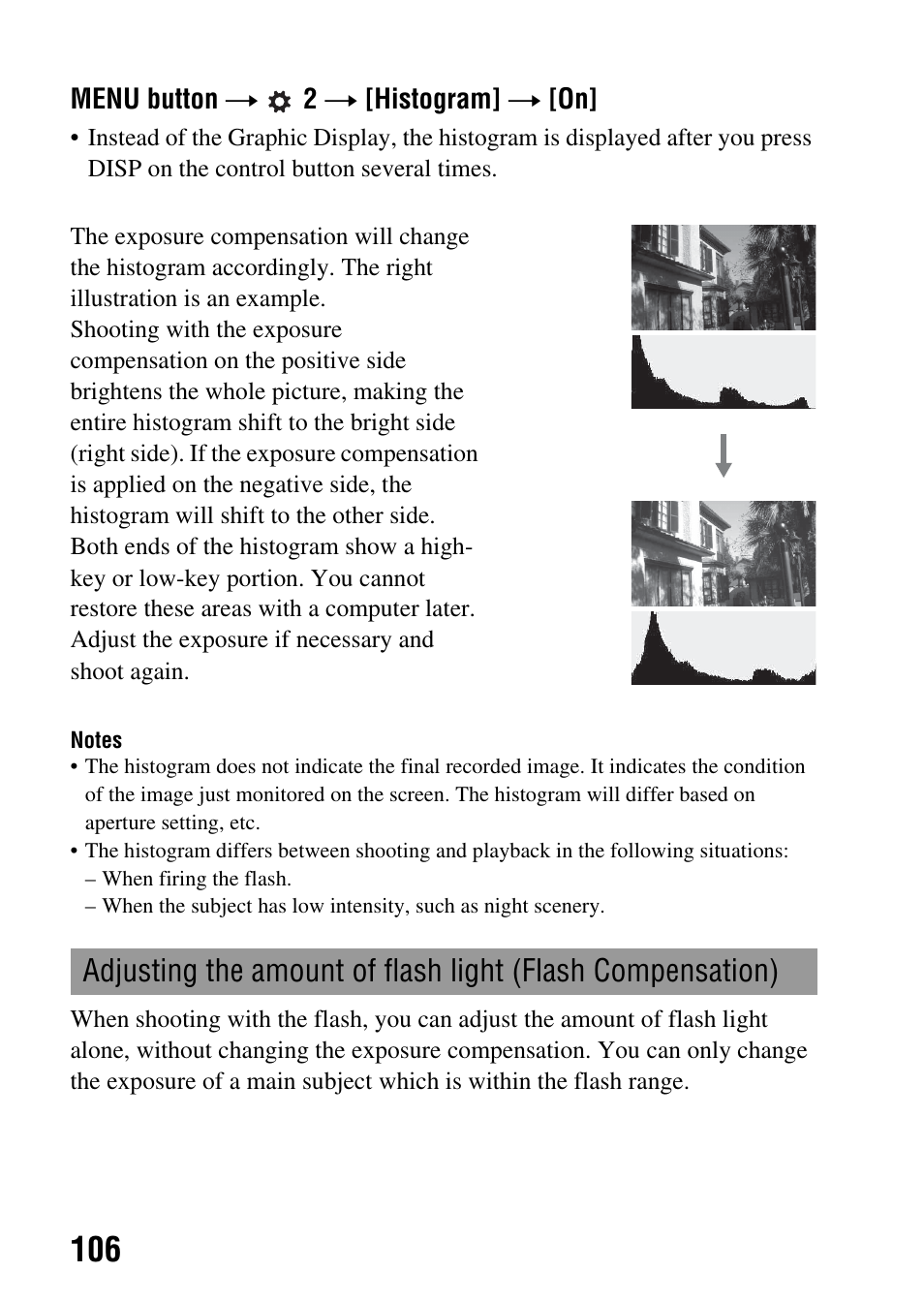 Adjusting the amount of flash light (flash, Compensation), On (106) | Sony SLT-A35 User Manual | Page 106 / 202