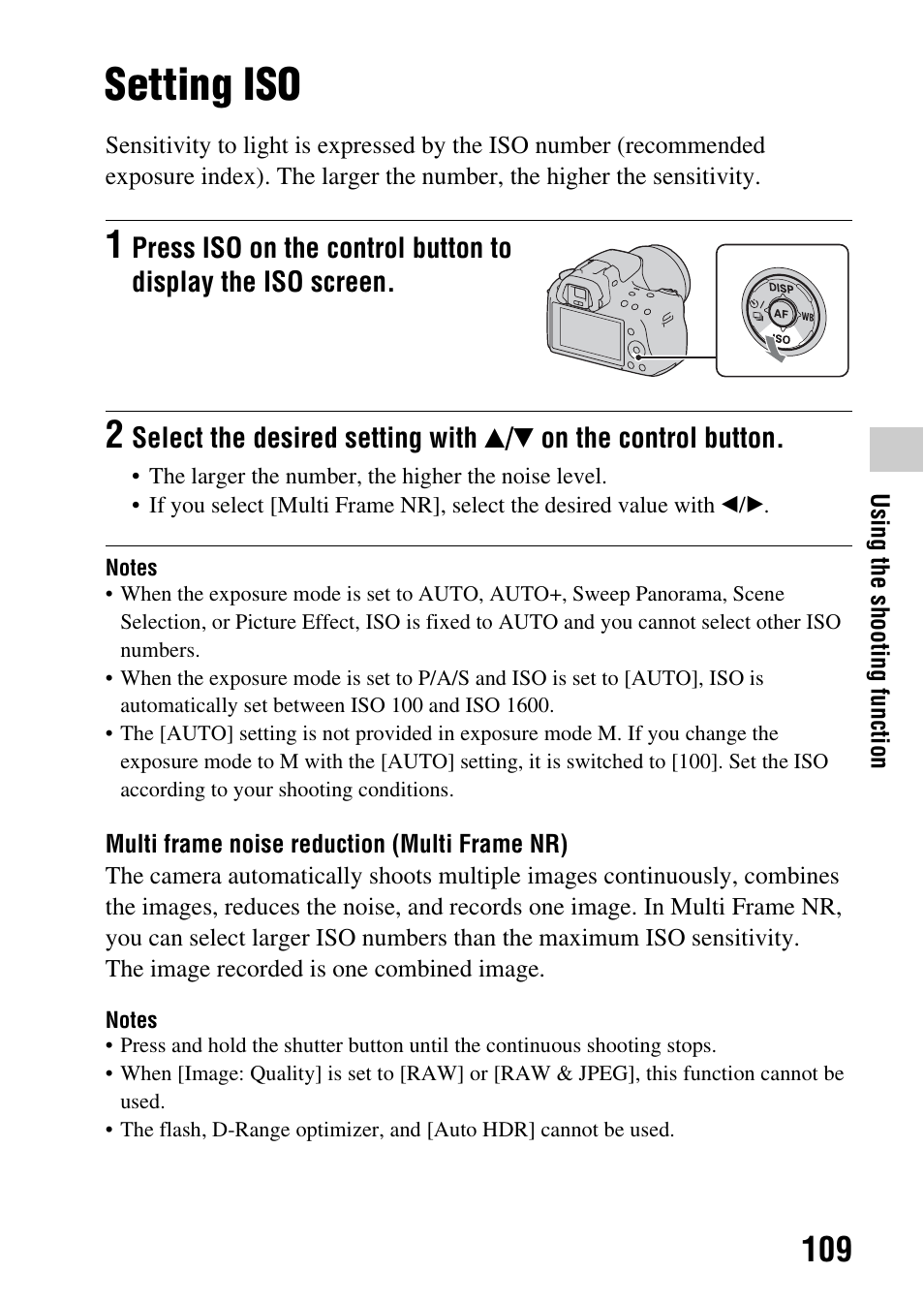 Setting iso, O (109) | Sony SLT-A35 User Manual | Page 109 / 202