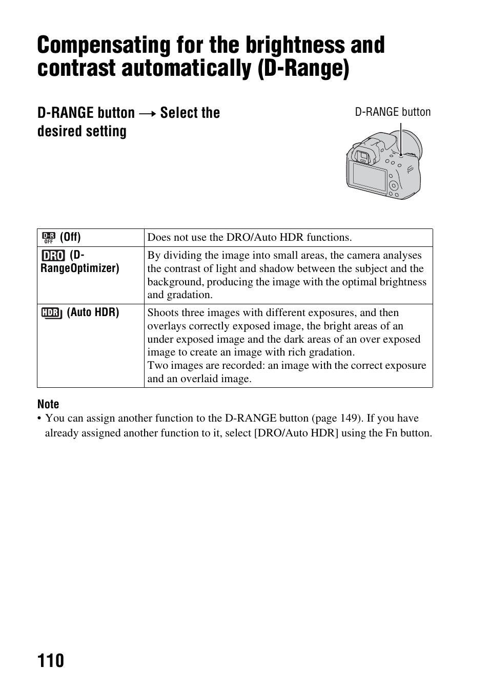D-range), N (110, 110)/aut | Hdr (110), D-range button t select the desired setting | Sony SLT-A35 User Manual | Page 110 / 202
