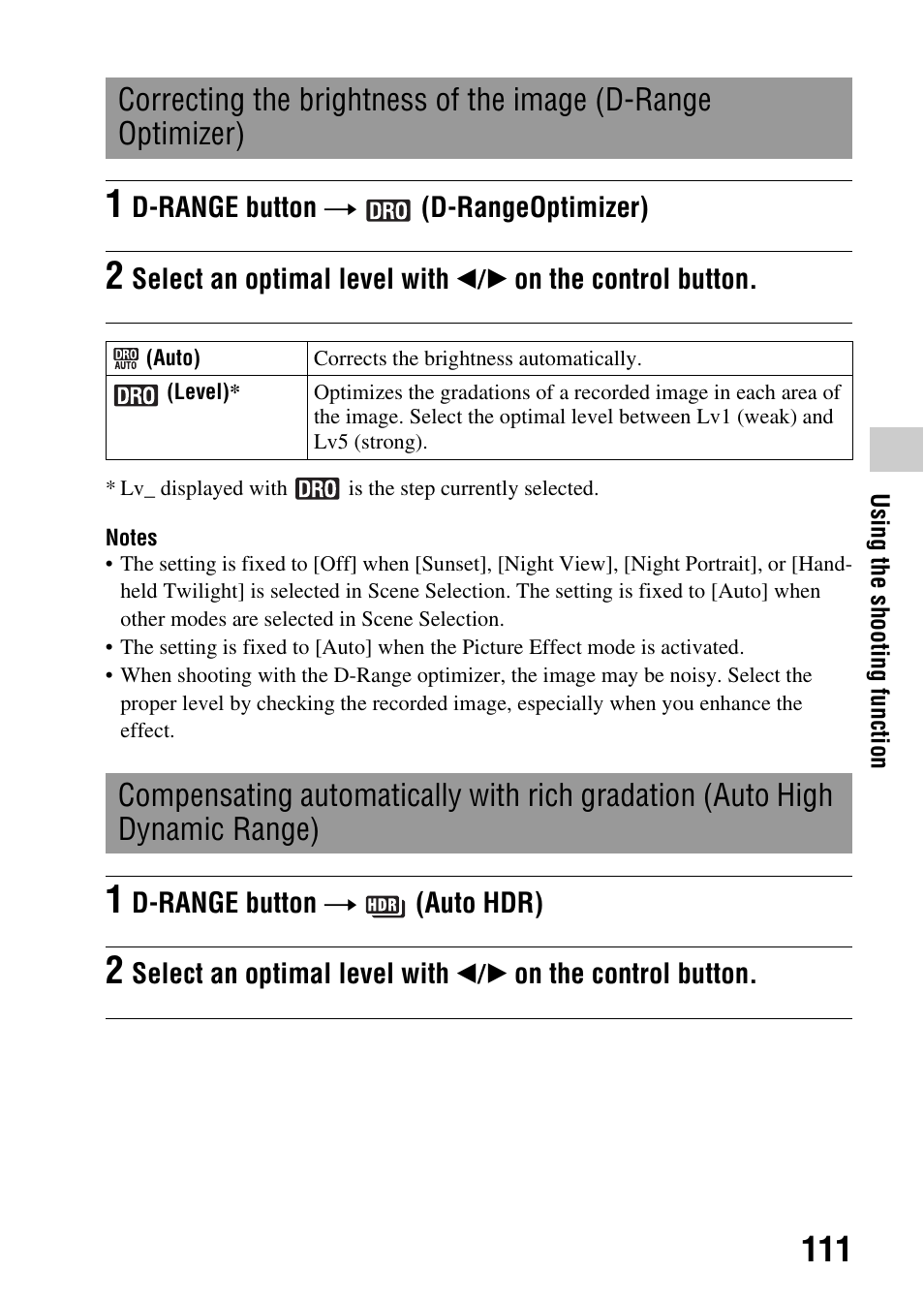 Correcting the brightness of the image (d-range, Optimizer), High dynamic range) | Sony SLT-A35 User Manual | Page 111 / 202