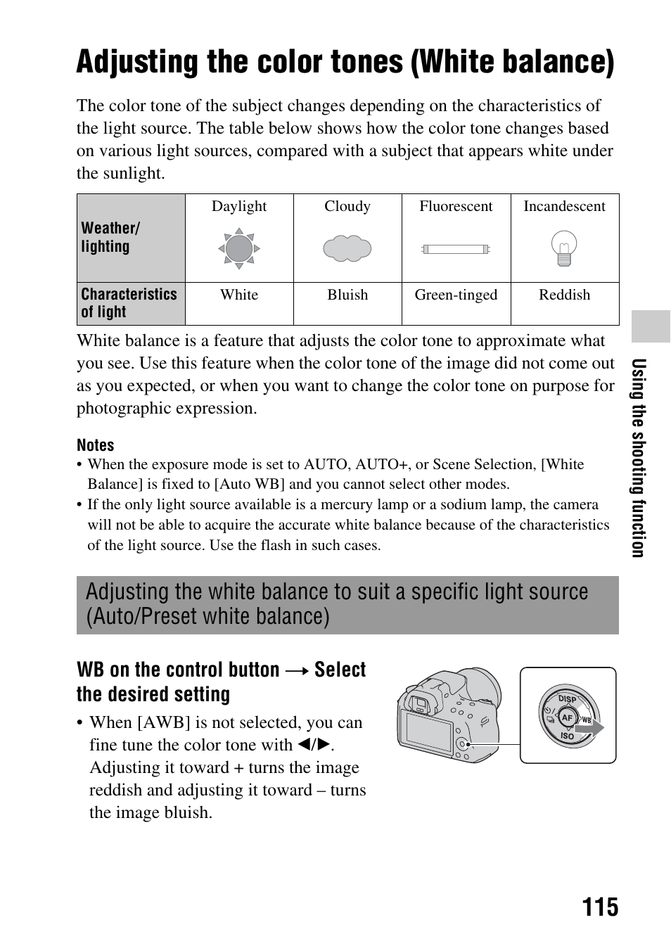 Adjusting the color tones (white balance), Auto/preset white balance), Ance (115) | Sony SLT-A35 User Manual | Page 115 / 202