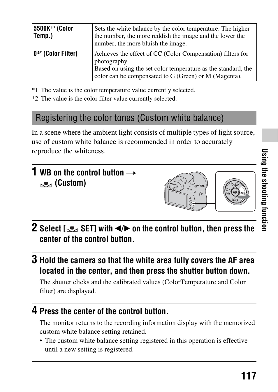 Registering the color tones (custom white balance) | Sony SLT-A35 User Manual | Page 117 / 202