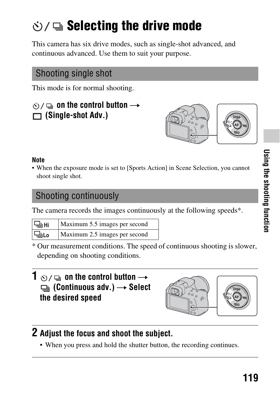 Selecting the drive mode, Shooting single shot, Shooting continuously | Shooting single shot shooting continuously, De (119) | Sony SLT-A35 User Manual | Page 119 / 202