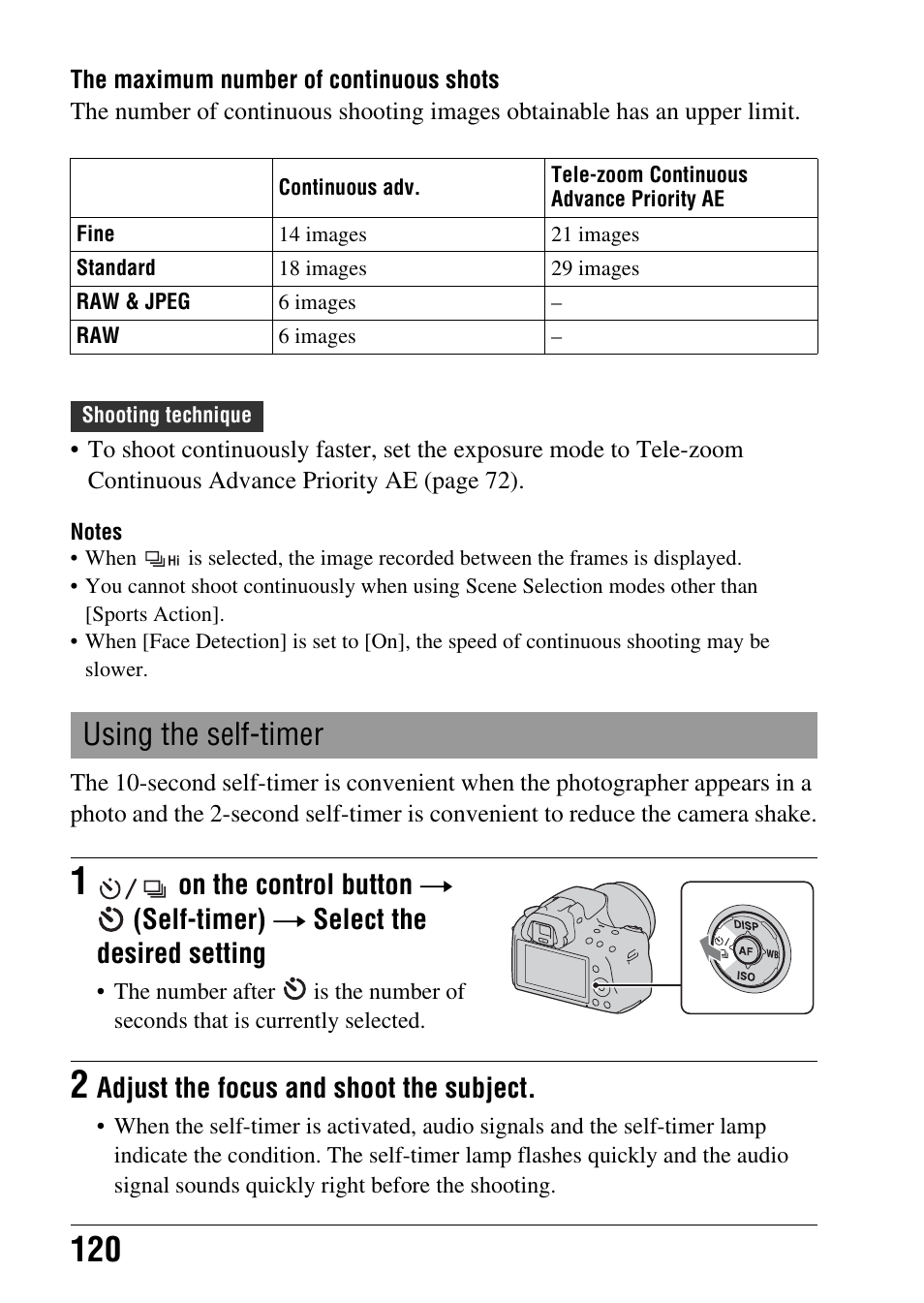 Using the self-timer, Mp (120), Adjust the focus and shoot the subject | Sony SLT-A35 User Manual | Page 120 / 202