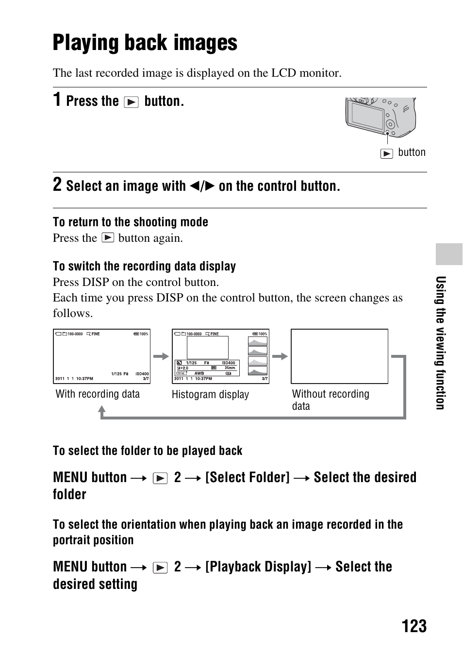 Using the viewing function, Playing back images, Tton (123) | R (123) | Sony SLT-A35 User Manual | Page 123 / 202