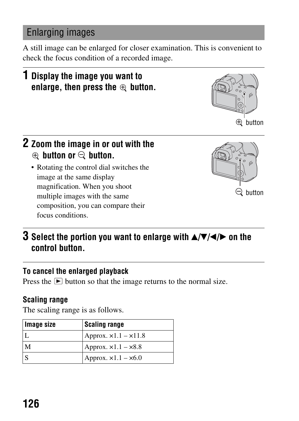 N (126), Enlarging images | Sony SLT-A35 User Manual | Page 126 / 202