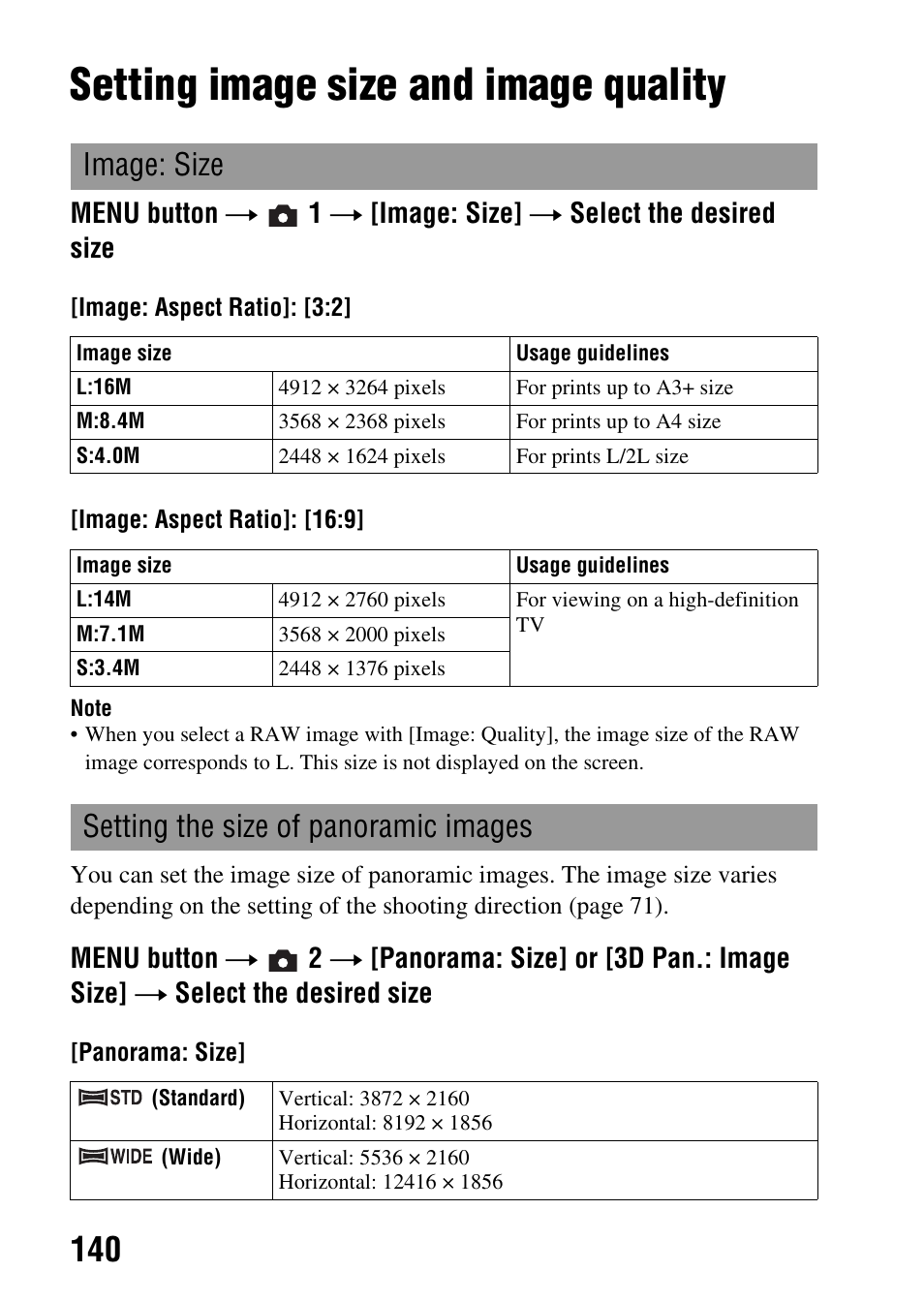 Changing your setup, Setting image size and image quality, Image: size | Setting the size of panoramic images | Sony SLT-A35 User Manual | Page 140 / 202