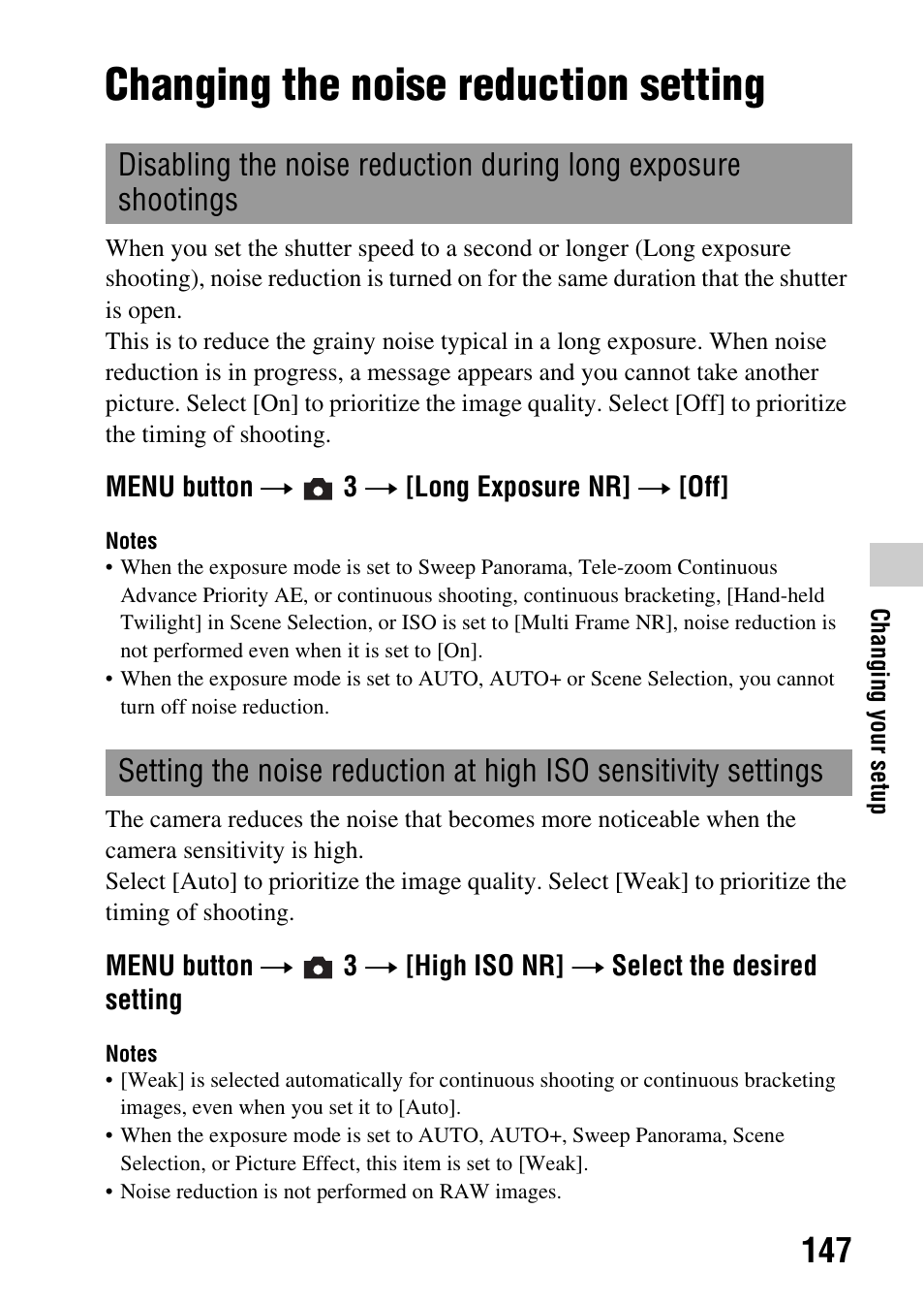 Changing the noise reduction setting | Sony SLT-A35 User Manual | Page 147 / 202