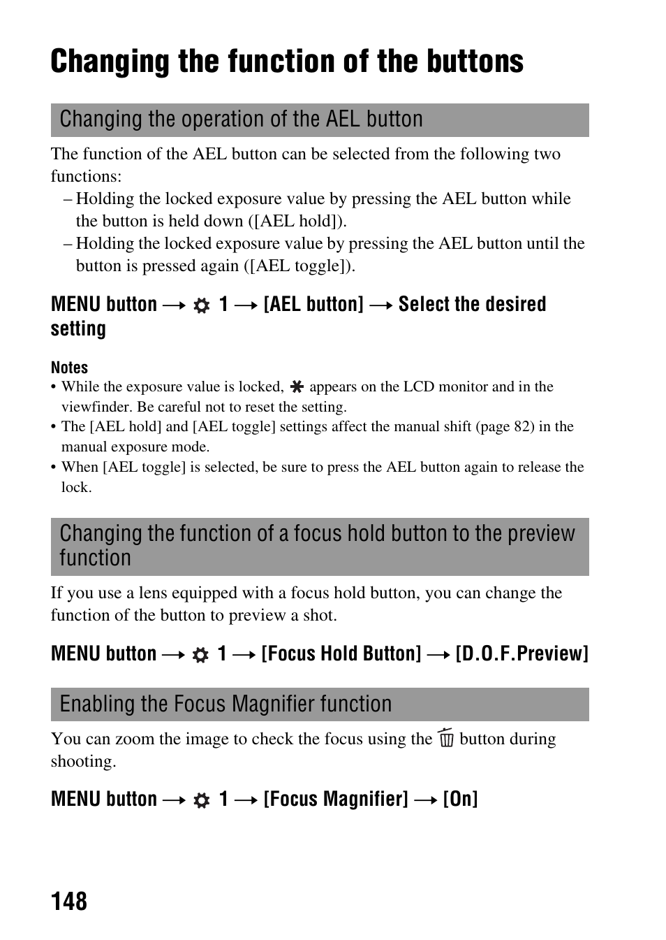 Changing the function of the buttons, N (148) | Sony SLT-A35 User Manual | Page 148 / 202