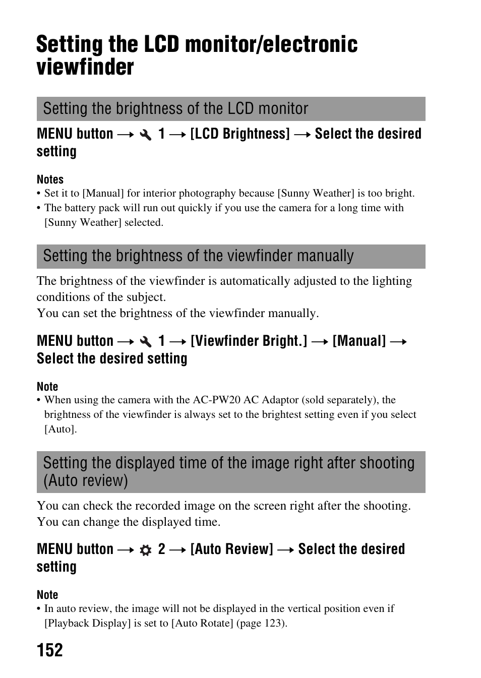 Setting the lcd monitor/electronic viewfinder, Ness (152) | Sony SLT-A35 User Manual | Page 152 / 202