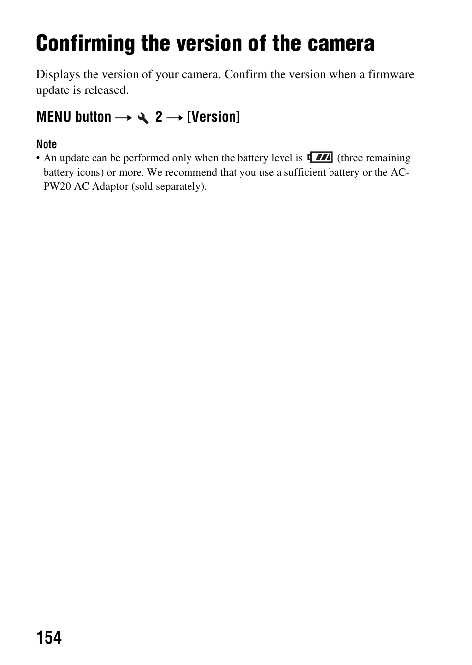 Confirming the version of the camera, Ion (154) | Sony SLT-A35 User Manual | Page 154 / 202