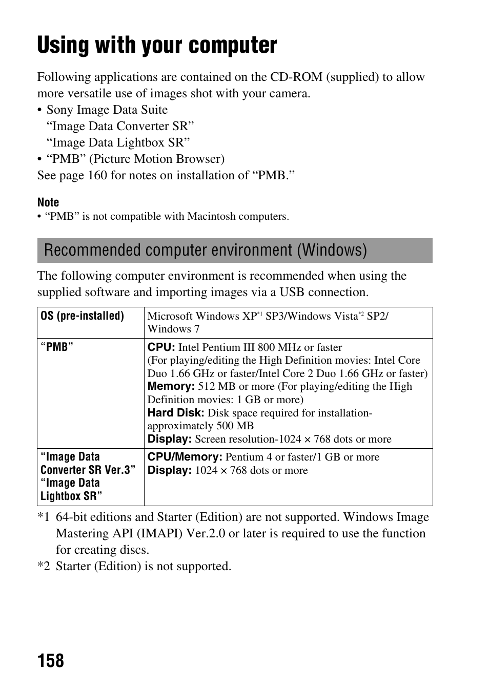 Viewing images on a computer, Using with your computer, Recommended computer environment (windows) | Sony SLT-A35 User Manual | Page 158 / 202