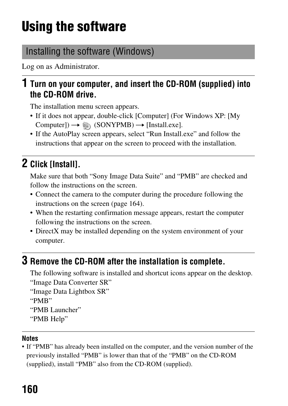 Using the software, Installing the software (windows) | Sony SLT-A35 User Manual | Page 160 / 202