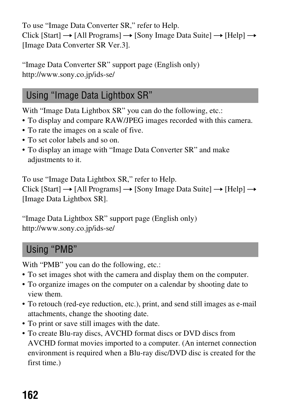 Using “image data lightbox sr” using “pmb | Sony SLT-A35 User Manual | Page 162 / 202