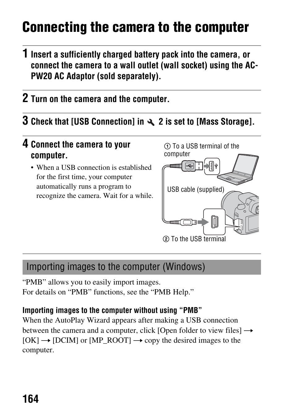 Connecting the camera to the computer, N (164) | Sony SLT-A35 User Manual | Page 164 / 202