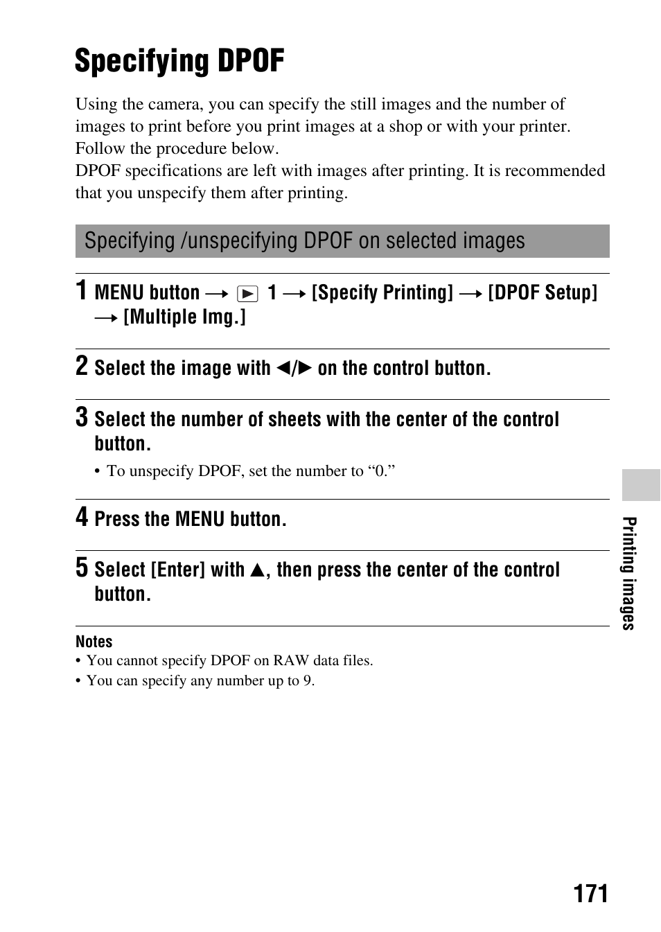 Printing images, Specifying dpof, Dpof set (171) | Sony SLT-A35 User Manual | Page 171 / 202