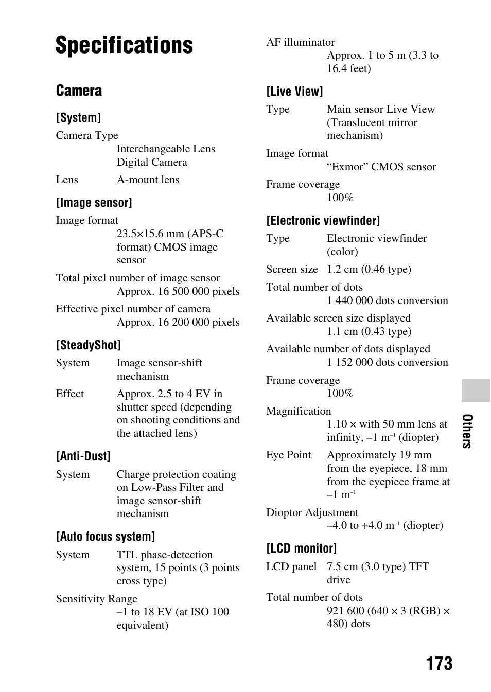 Others, Specifications, Camera | Sony SLT-A35 User Manual | Page 173 / 202