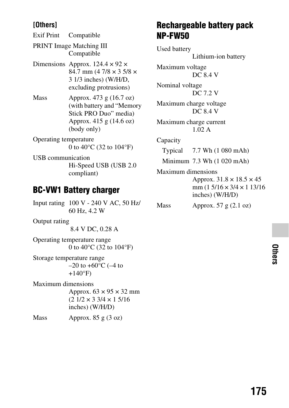 Bc-vw1 battery charger, Rechargeable battery pack np-fw50 | Sony SLT-A35 User Manual | Page 175 / 202