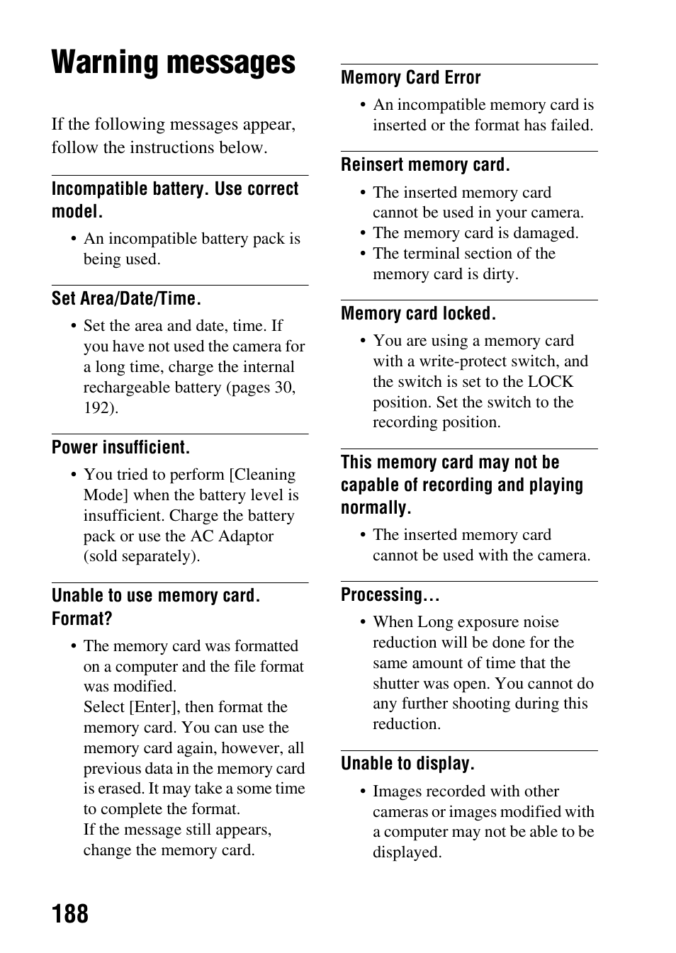 Warning messages | Sony SLT-A35 User Manual | Page 188 / 202