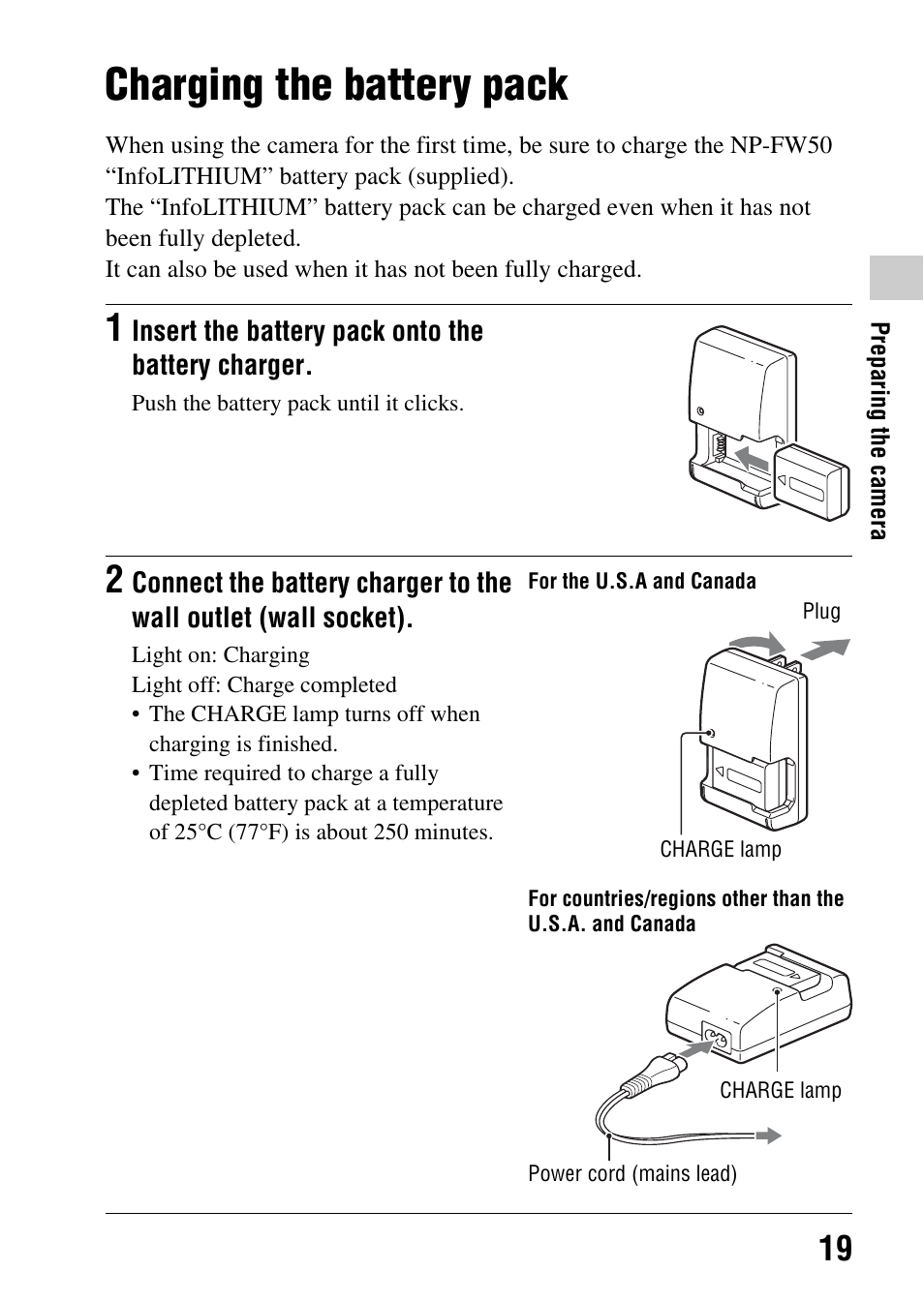 Charging the battery pack | Sony SLT-A35 User Manual | Page 19 / 202