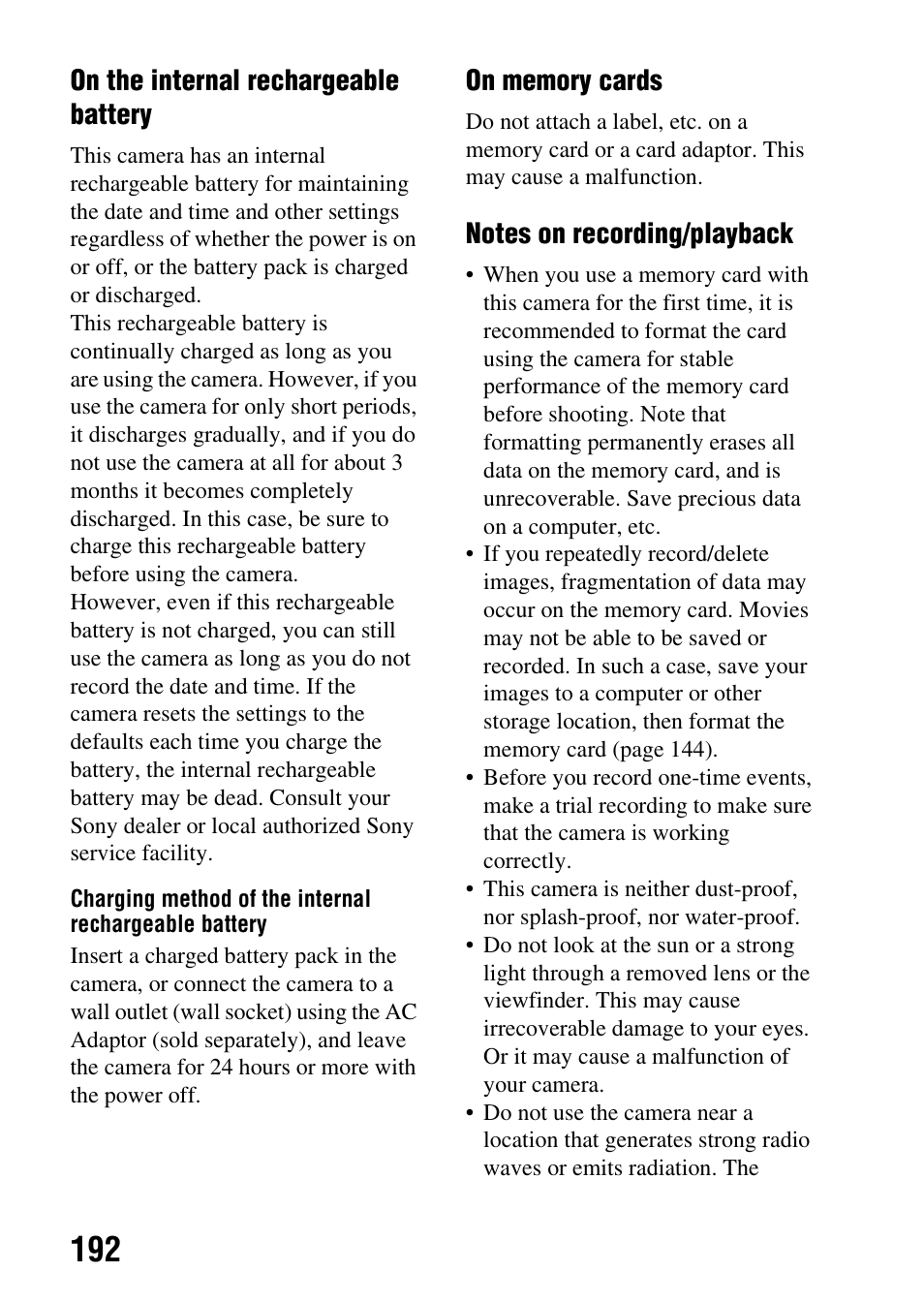 On the internal rechargeable battery | Sony SLT-A35 User Manual | Page 192 / 202