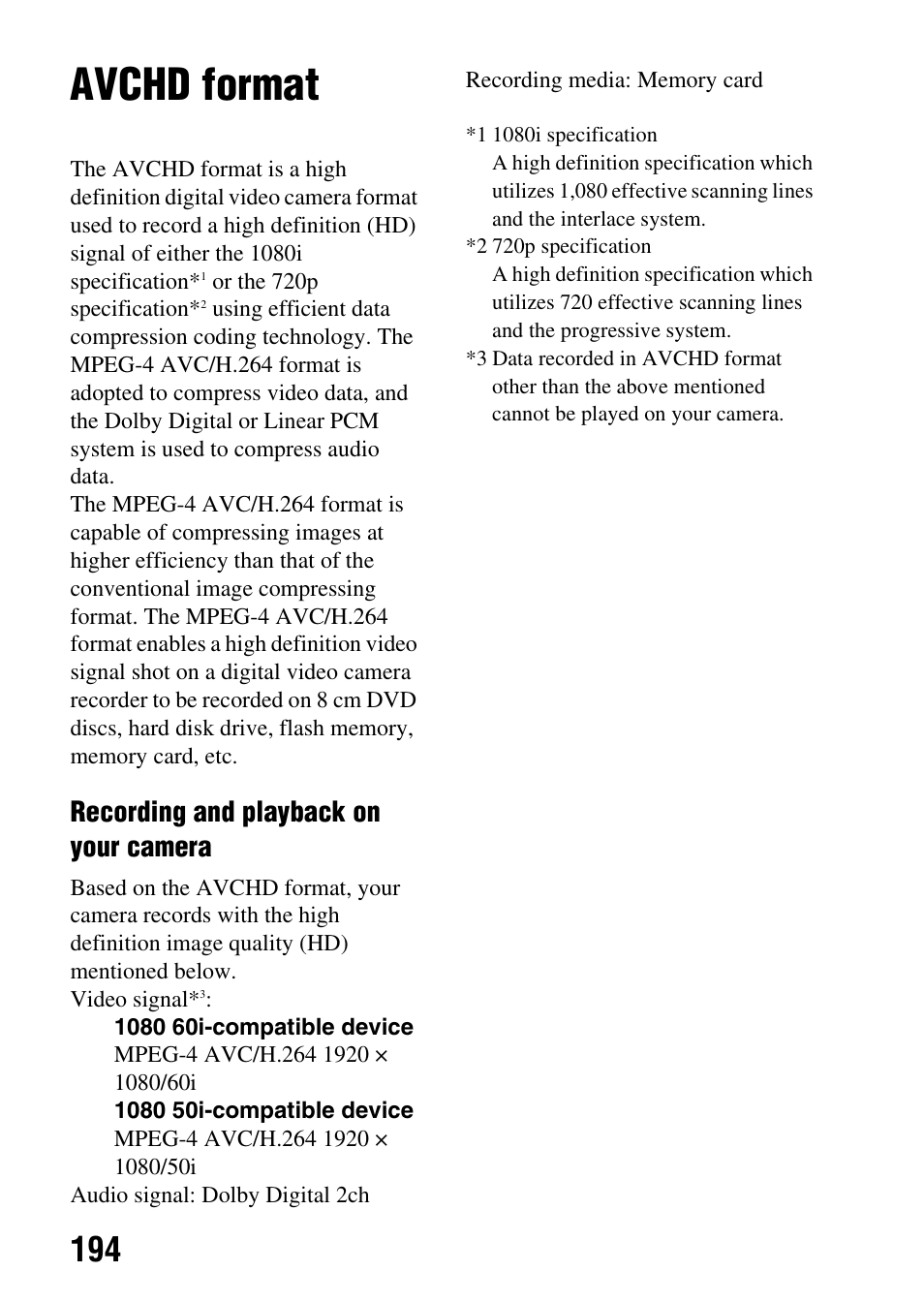 Avchd format, Recording and playback on your camera | Sony SLT-A35 User Manual | Page 194 / 202