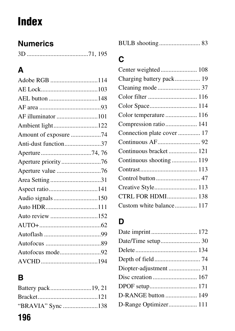 Index, Numerics | Sony SLT-A35 User Manual | Page 196 / 202