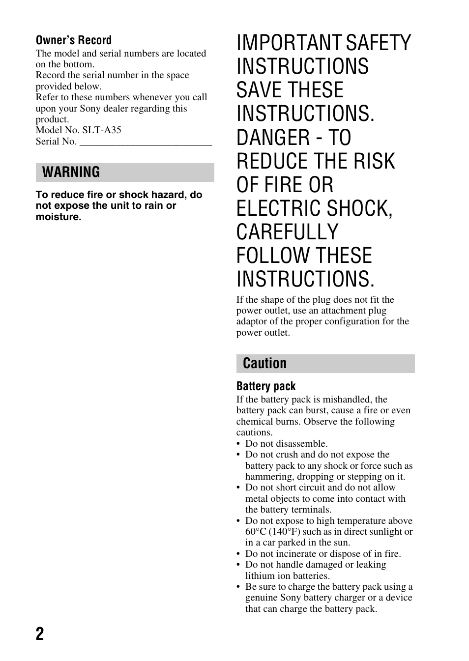 Warning caution | Sony SLT-A35 User Manual | Page 2 / 202