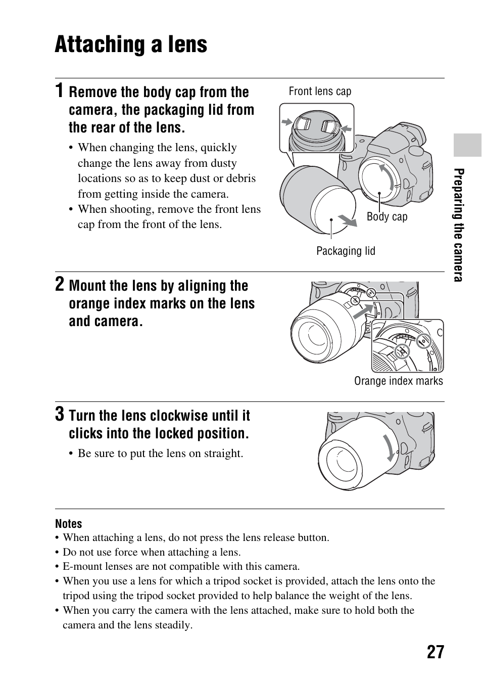 Attaching a lens | Sony SLT-A35 User Manual | Page 27 / 202