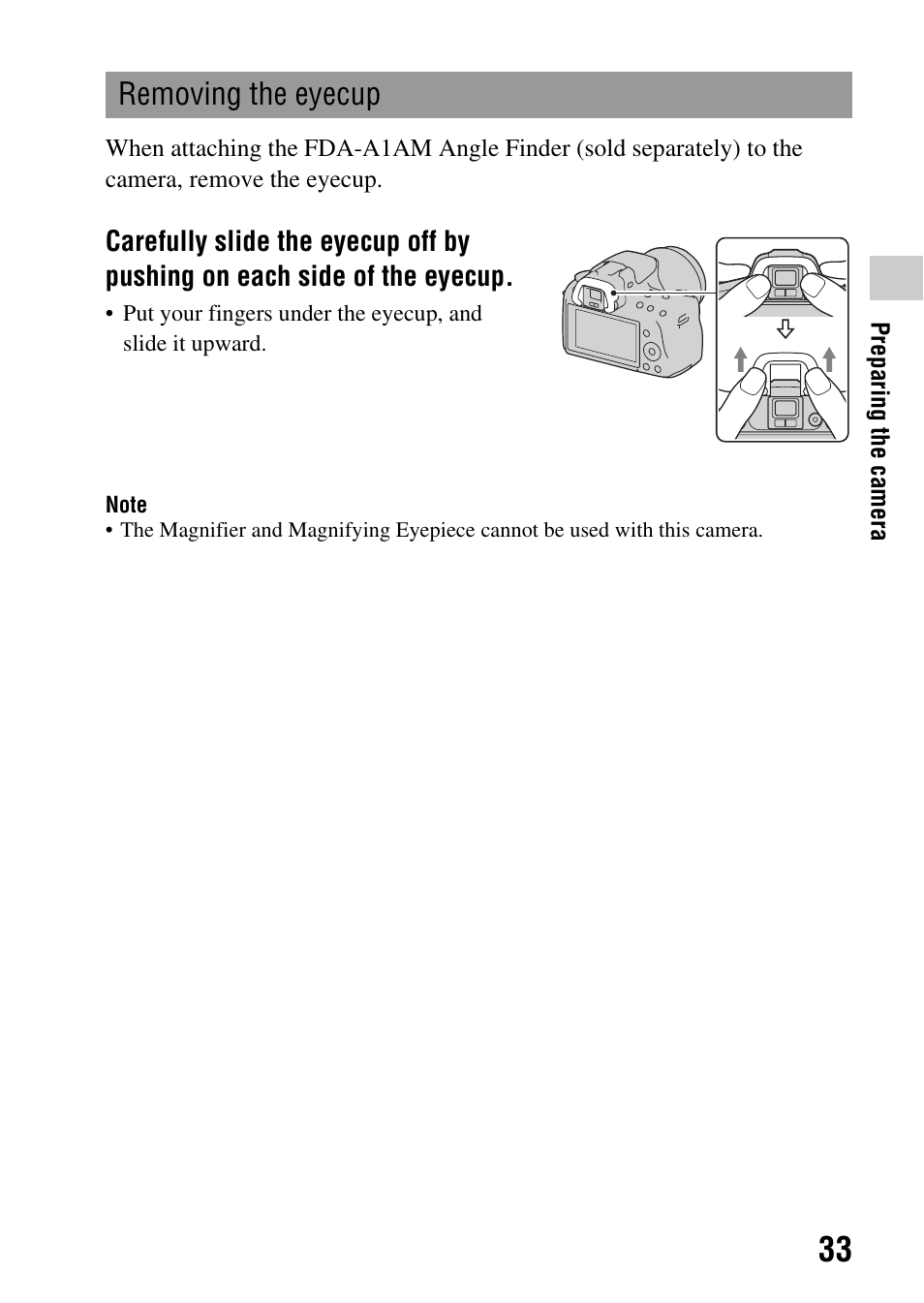 Removing the eyecup | Sony SLT-A35 User Manual | Page 33 / 202