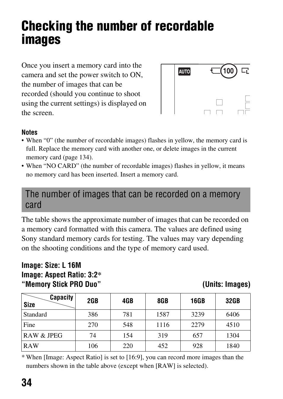 Checking the number of recordable images | Sony SLT-A35 User Manual | Page 34 / 202