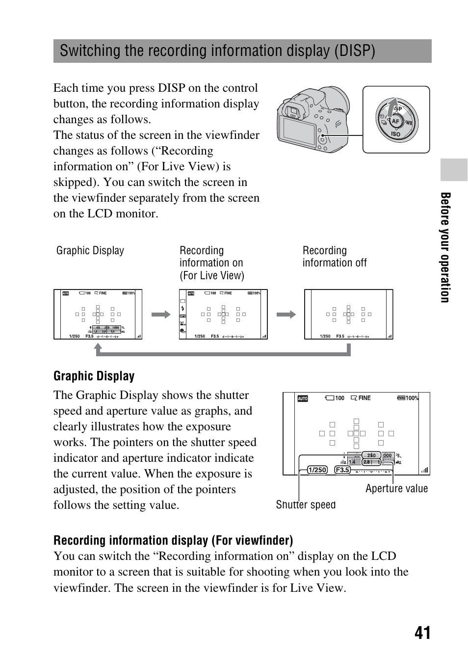 Switching the recording information display (disp) | Sony SLT-A35 User Manual | Page 41 / 202