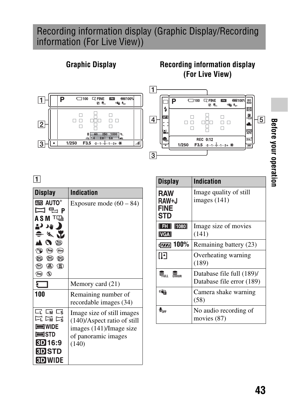 Recording information display (graphic display, Recording information (for live view)), R (43 | Sony SLT-A35 User Manual | Page 43 / 202