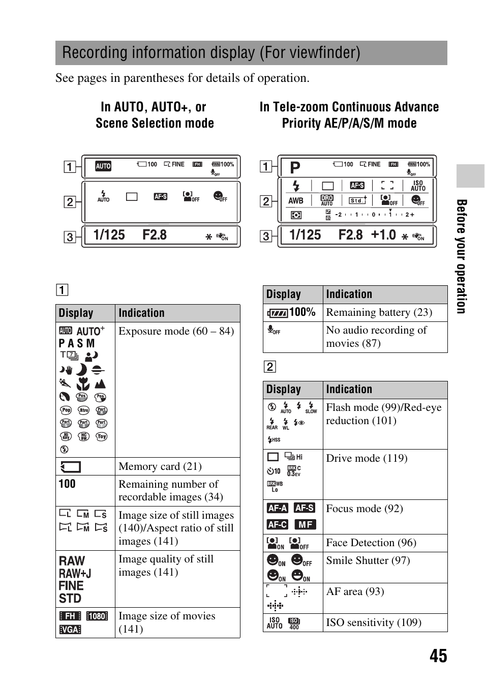 Recording information display (for viewfinder) | Sony SLT-A35 User Manual | Page 45 / 202