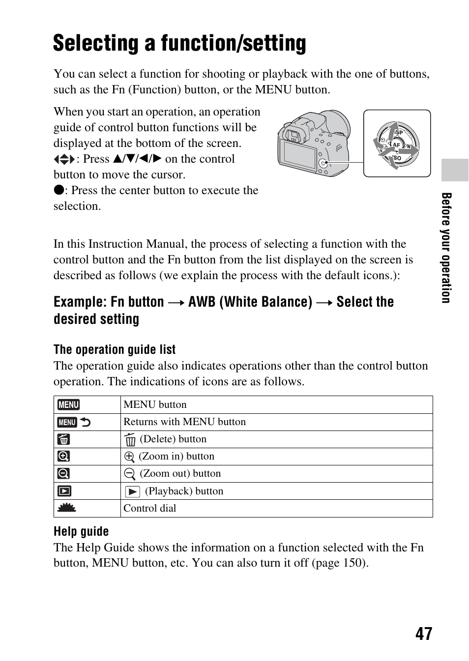 Selecting a function/setting, N (47), 47)/af | Sony SLT-A35 User Manual | Page 47 / 202