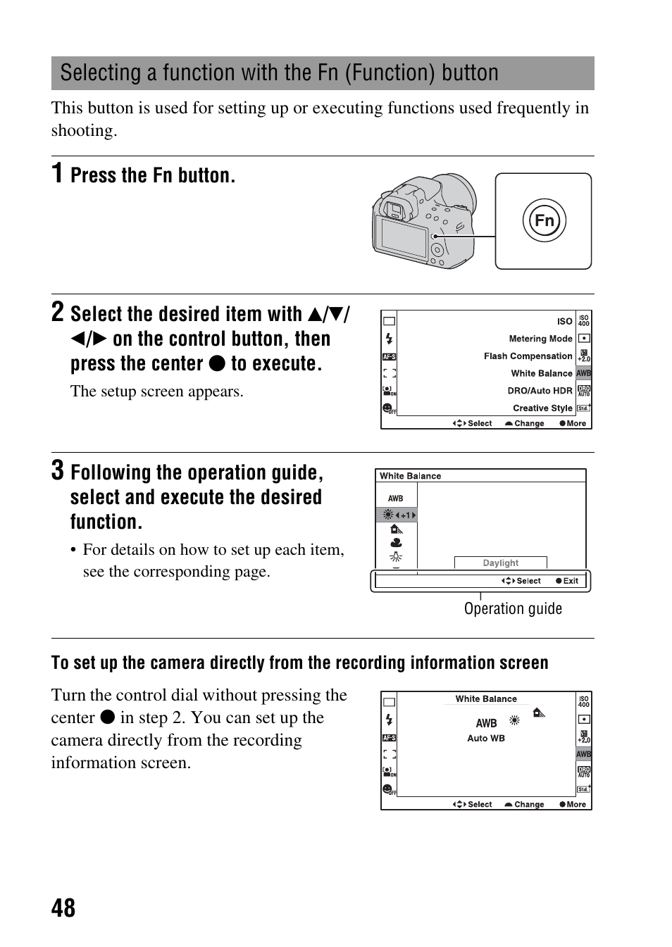 Selecting a function with the fn (function) button, N (48 | Sony SLT-A35 User Manual | Page 48 / 202