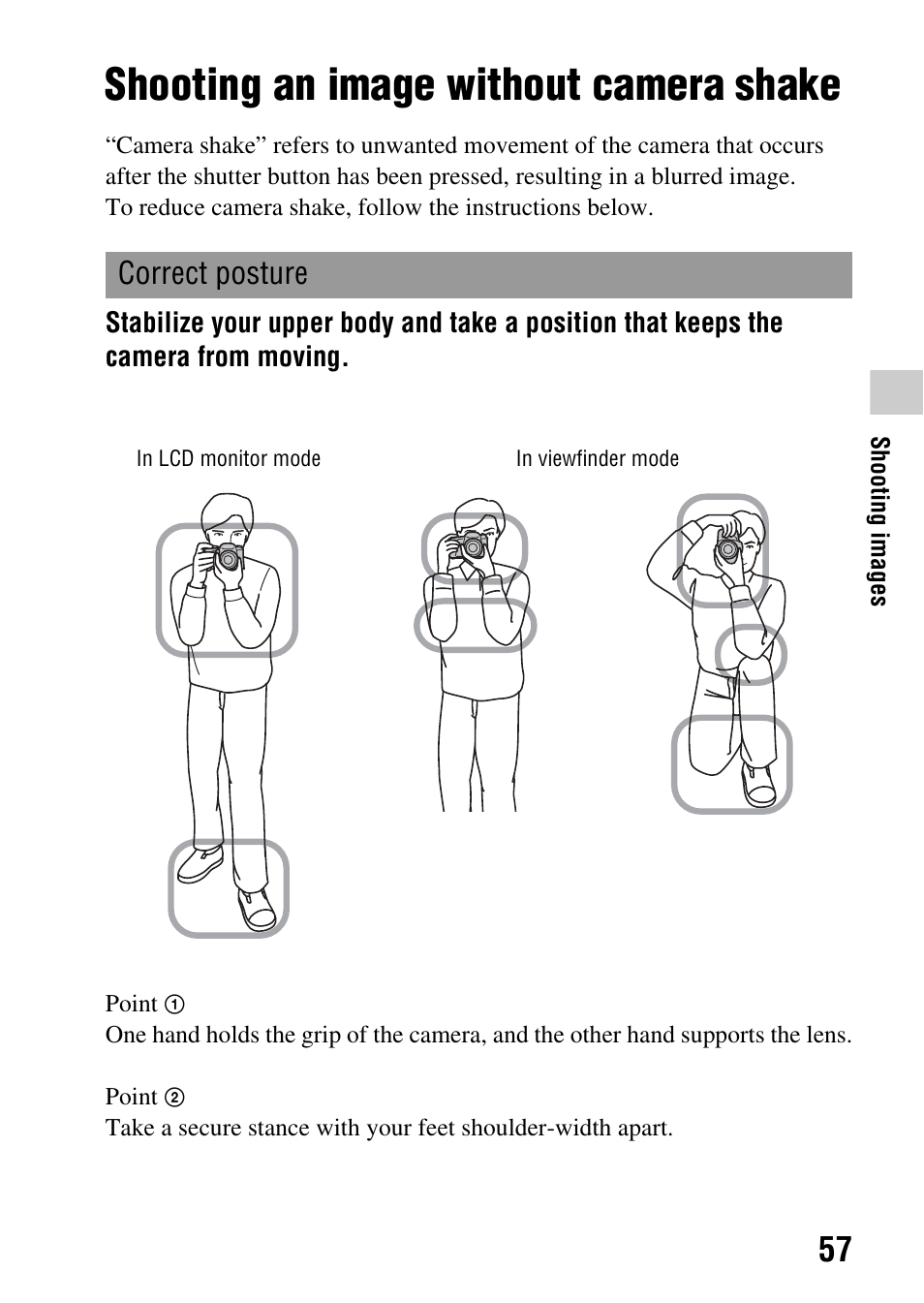 Shooting images, Shooting an image without camera shake, Correct posture | Sony SLT-A35 User Manual | Page 57 / 202