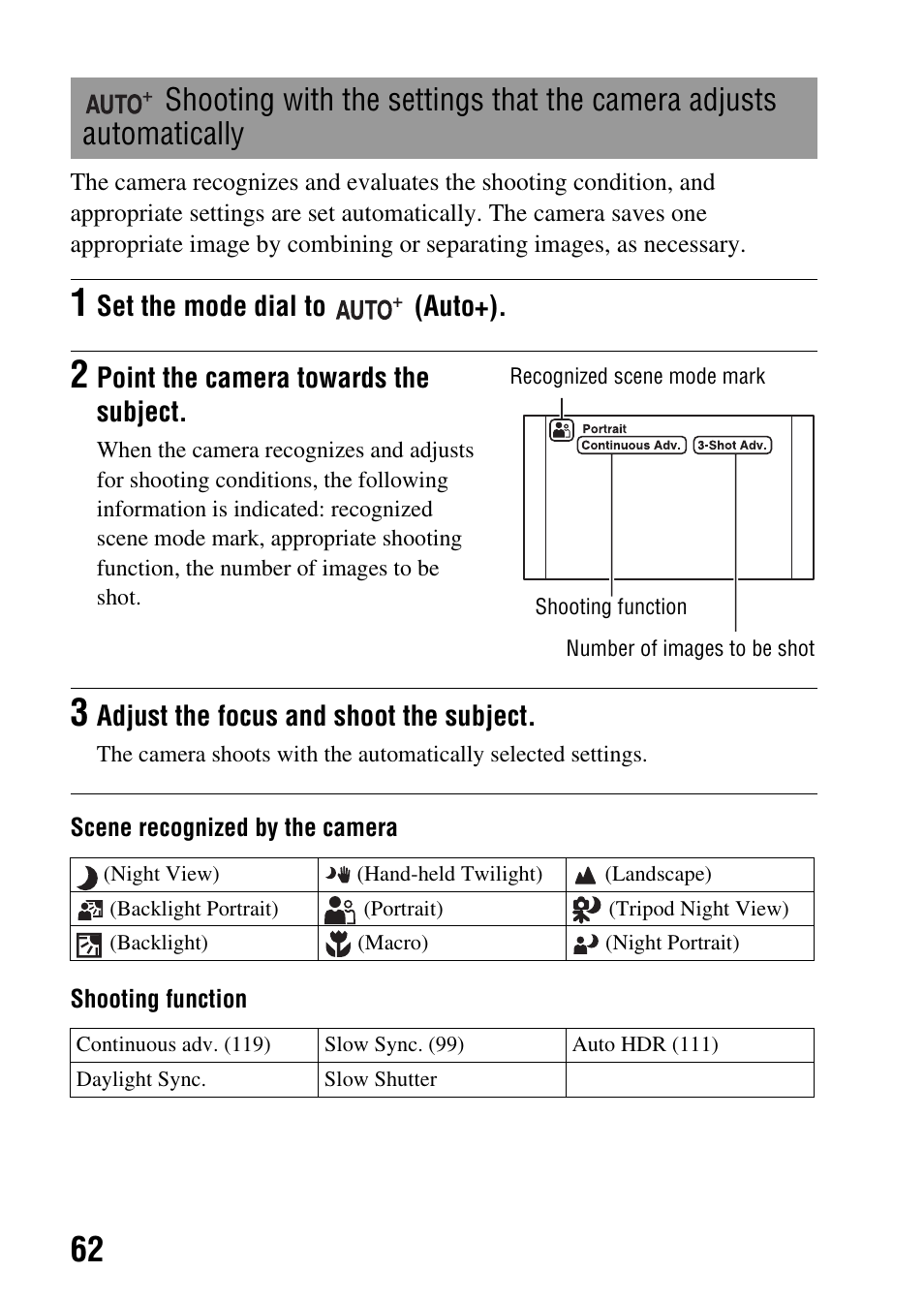 Shooting with the settings that the camera adjusts, Automatically | Sony SLT-A35 User Manual | Page 62 / 202