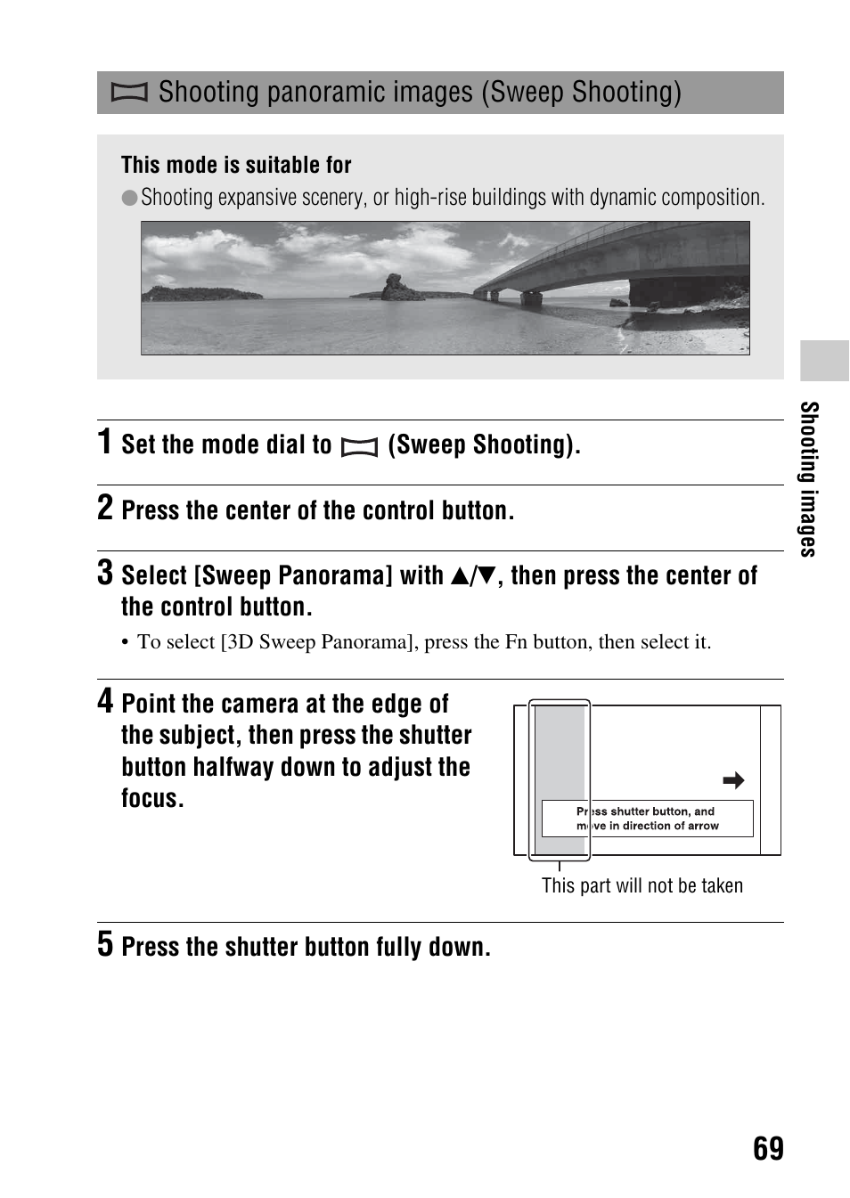 Shooting panoramic images (sweep shooting), Ng (69) | Sony SLT-A35 User Manual | Page 69 / 202