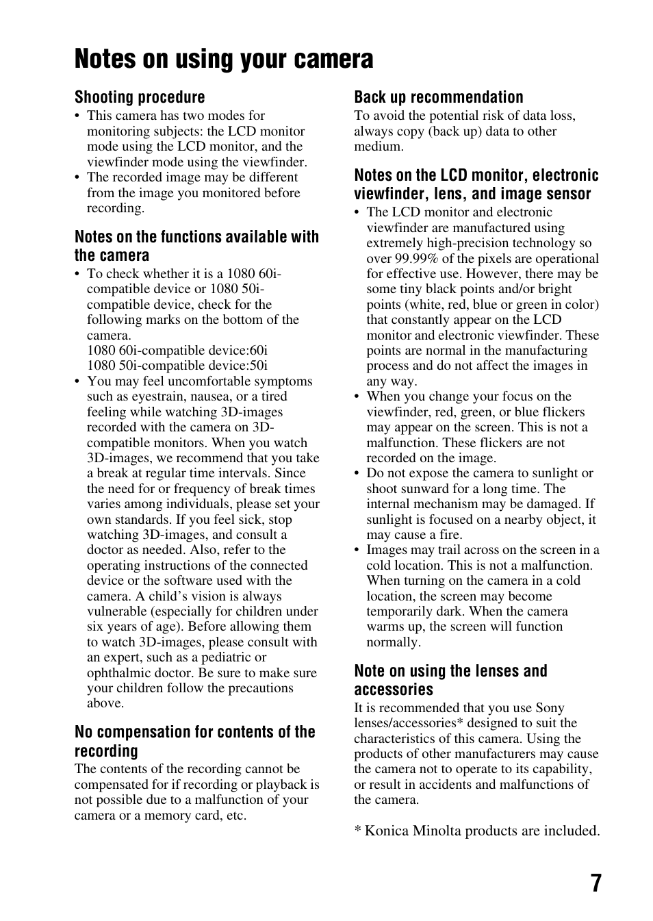 Notes on using your camera | Sony SLT-A35 User Manual | Page 7 / 202